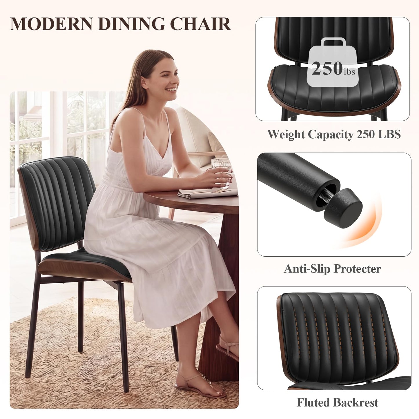 MALOL Leather Dining Chairs Set of 4, Modern Upholstered Dining Room Kitchen Chairs with Metal Legs and Wooden Back Support for Home Dining Room/Restaurant, Black