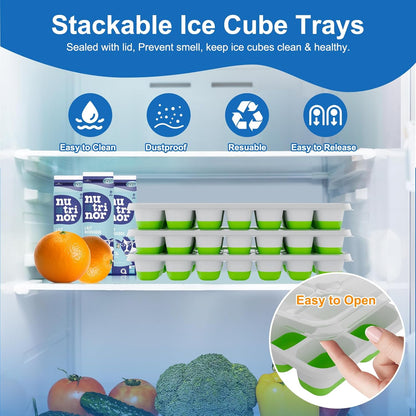 Skiennix Ice Cube Tray - Easy-Release Silicone Ice Cube Molds with Lids | Stackable 3-Pack, BPA-Free