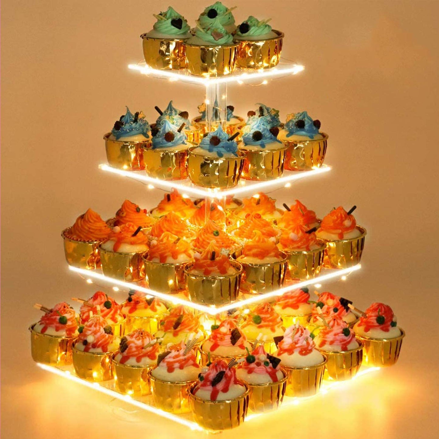 YestBuy 4 Tier Cupcake Stand Acrylic Tower Display with LED Light Premium Holder Dessert Tree Tower for Birthday Candy Bar Décor Weddings, Parties Events (Yellow Light)