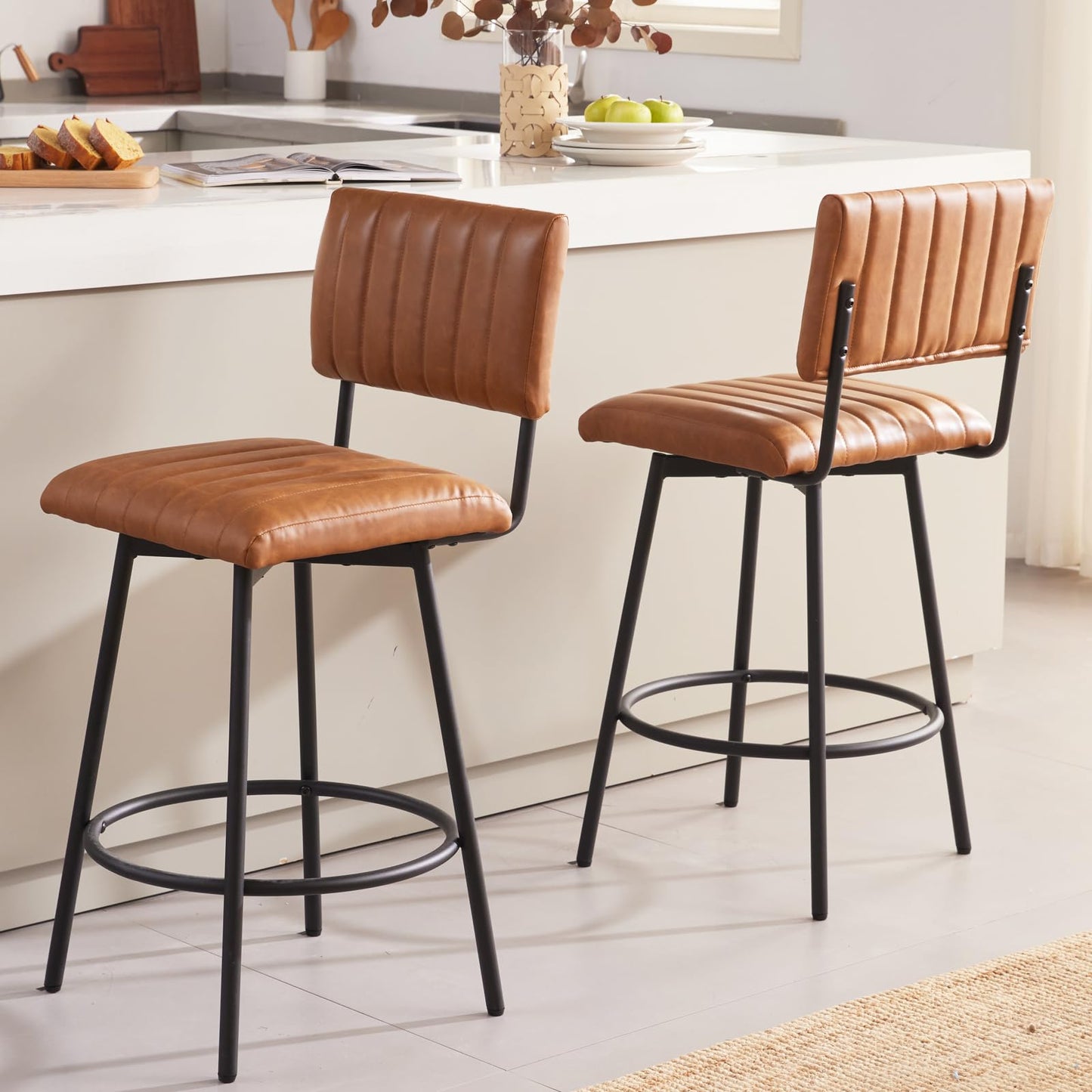 MILCIL Swivel Counter Height Bar Stools with Back Set of 2, Upholstered 26'' Counter Stools with Metal Frame, Faux Leather Cognac