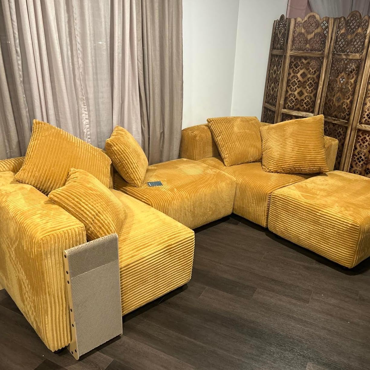 Acanva Corduroy Convertible Modular L Shaped Sectional Sofa, 4 Seater Free Combination Corner Couch, Convertible to DayBed, Wide Loveseat with Moveable Ottomans for Small Spaces, Sleeper Bed, Yellow