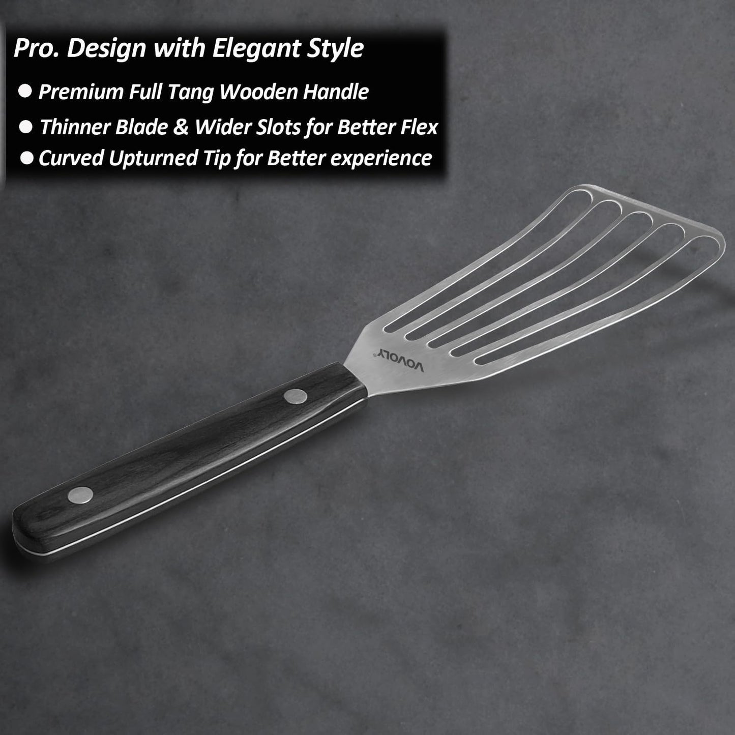 2 Pack Stainless Steel Fish Spatula Turner, Slotted Spatulas for Flipping, Turning, Frying & Grilling, Wooden Full Tang