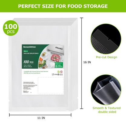 Bonsenkitchen Precut Vacuum Sealer Bags 200 Quart 8" x 12", BPA Free, Commercial Grade Textured Food Vacuum Sealer Bag, Thick Embossed Bags for Storage and Sous Vide Cooking VB3208