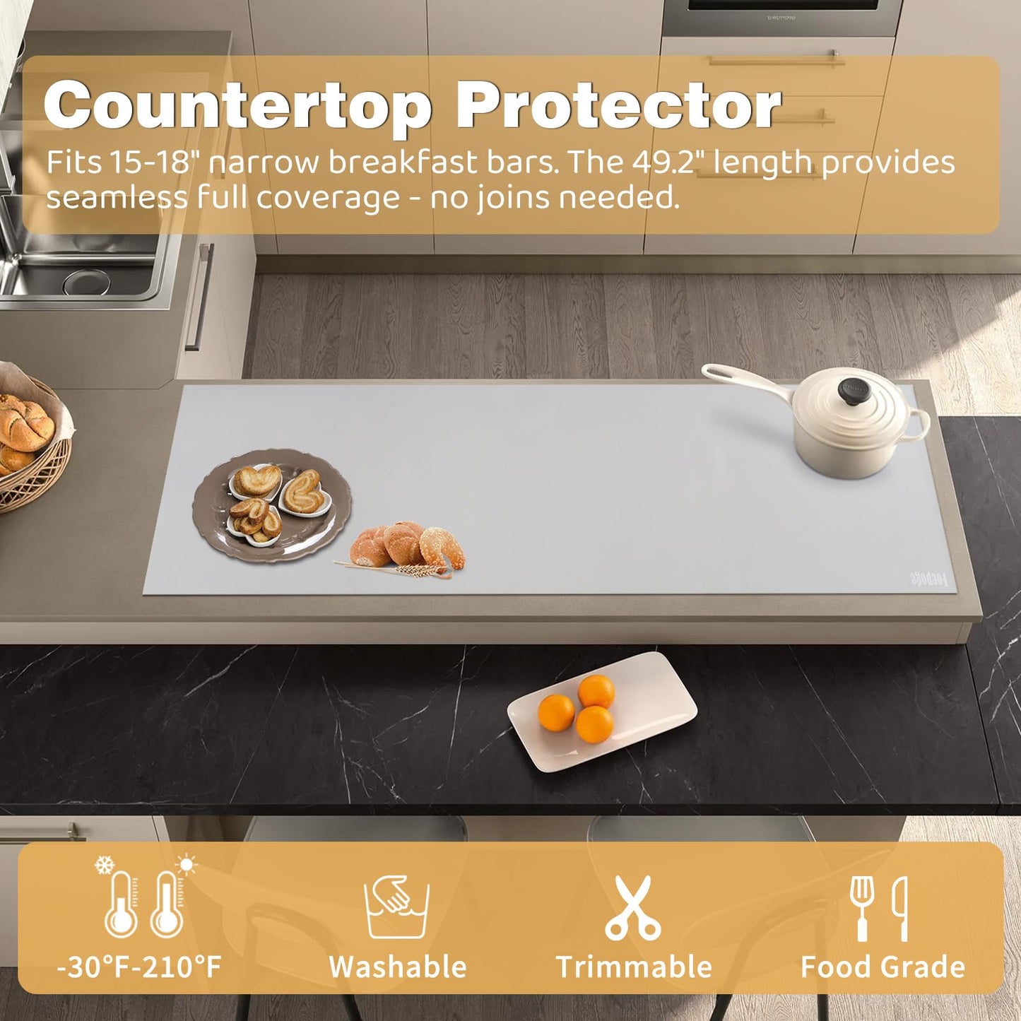 49.2" x 15.7" Large Silicone Mat for Kitchen Counter Protector, Cuttable Silicon Countertop Protector Mat Heat Resistant Mats for Countertop, Cut to Fit Placemat Ship Roll by Foepoge, Gray