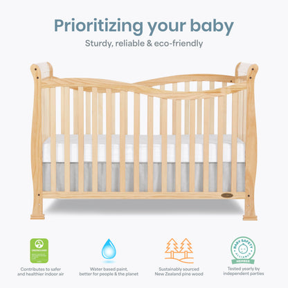 Dream On Me Violet 7-in-1 Convertible Full-Size Baby Crib with Toddler, Day & Full Bed Conversion in Natural, GreenGuard Gold & BSA, 4 Mattress Heights, Sustainable Pinewood