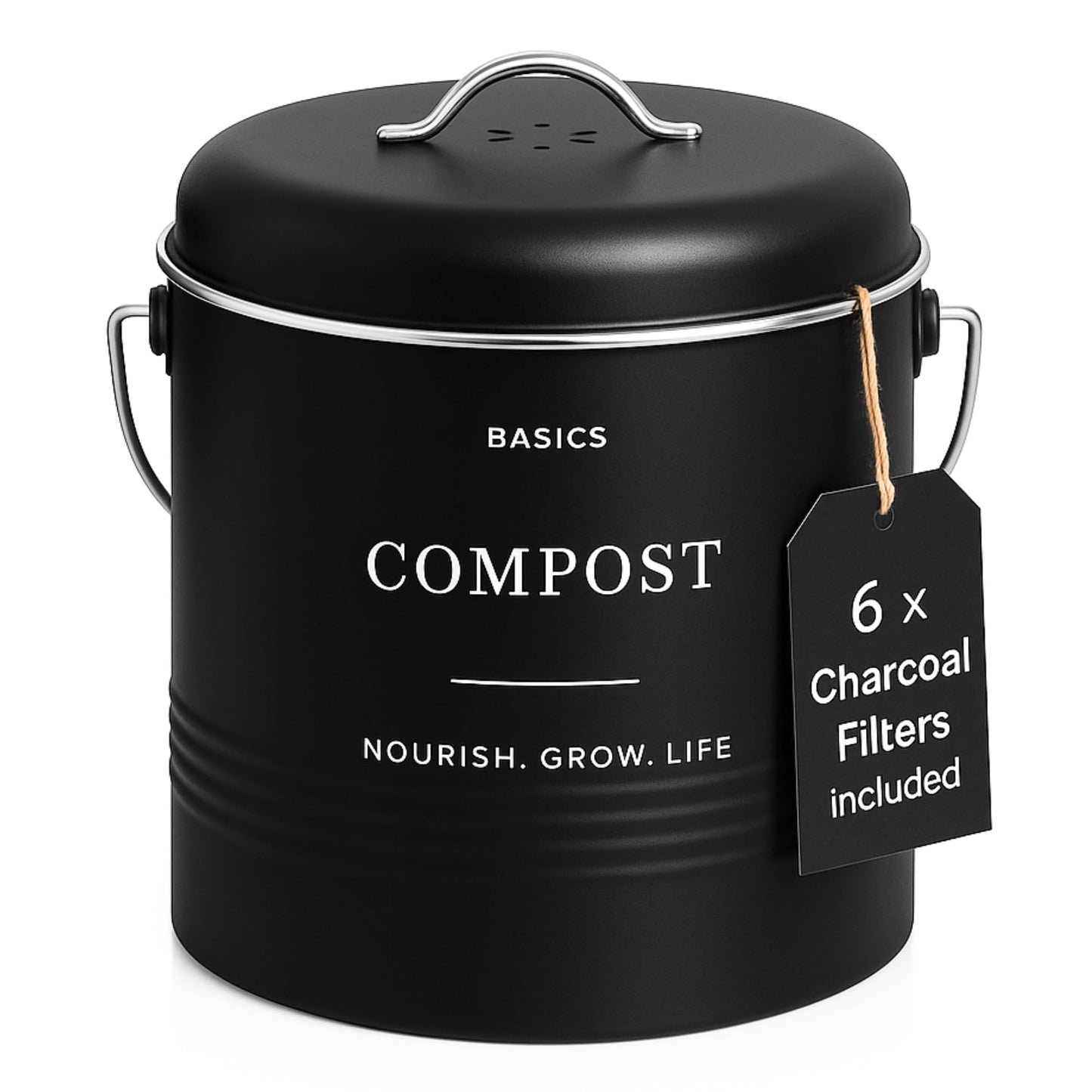 D'Lifeful Kitchen Compost Bin – 1.3 Gallon Countertop Farmhouse Compost Container with Lid – Odorless Indoor Food Scrap Pail with 6 Charcoal Filters – Eco-Conscious and Easy to Clean (Black)