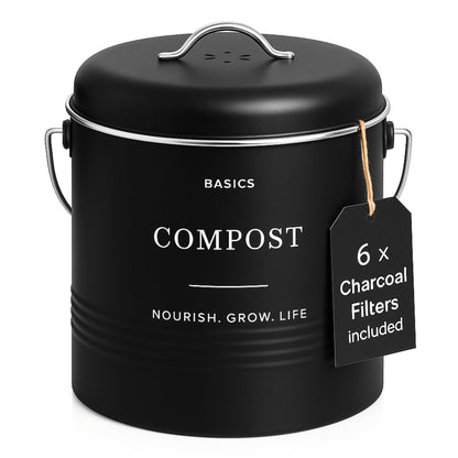 D'Lifeful Kitchen Compost Bin – 1.3 Gallon Countertop Farmhouse Compost Container with Lid – Odorless Indoor Food Scrap Pail with 6 Charcoal Filters – Eco-Conscious and Easy to Clean (Black)