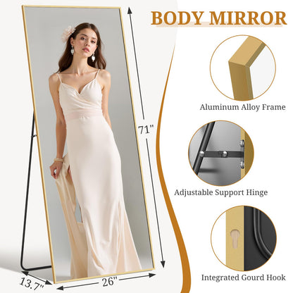 Accver Full Length Mirror 71"x26" Full Body Mirror Rectangle Free Standing Wall Mounted Leaning Floor Mirrors with Stand Aluminum Alloy Frame for Bedroom Cloakroom, Gold
