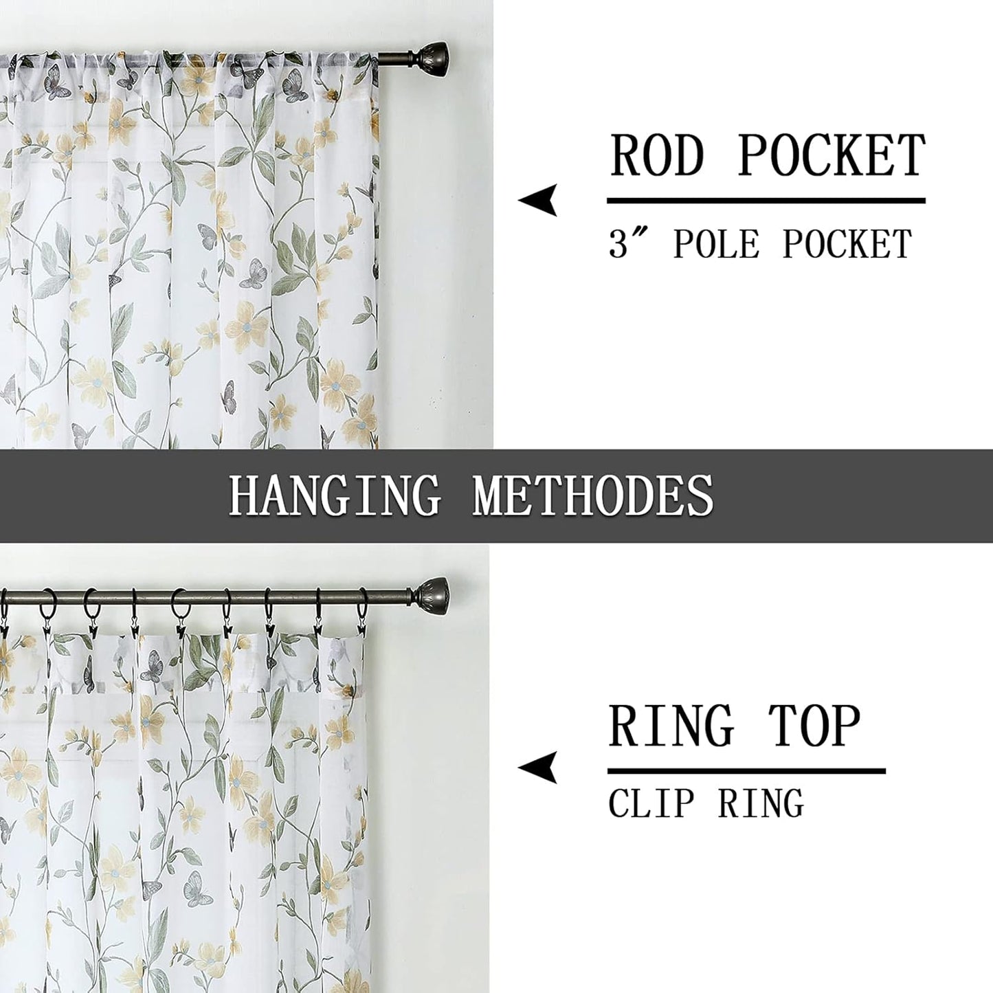 Tollpiz Short Sheer Floral Tier Curtains, Yellow Flower Butterfly Printed Kitchen Voile Curtains, Set of 2 Panels