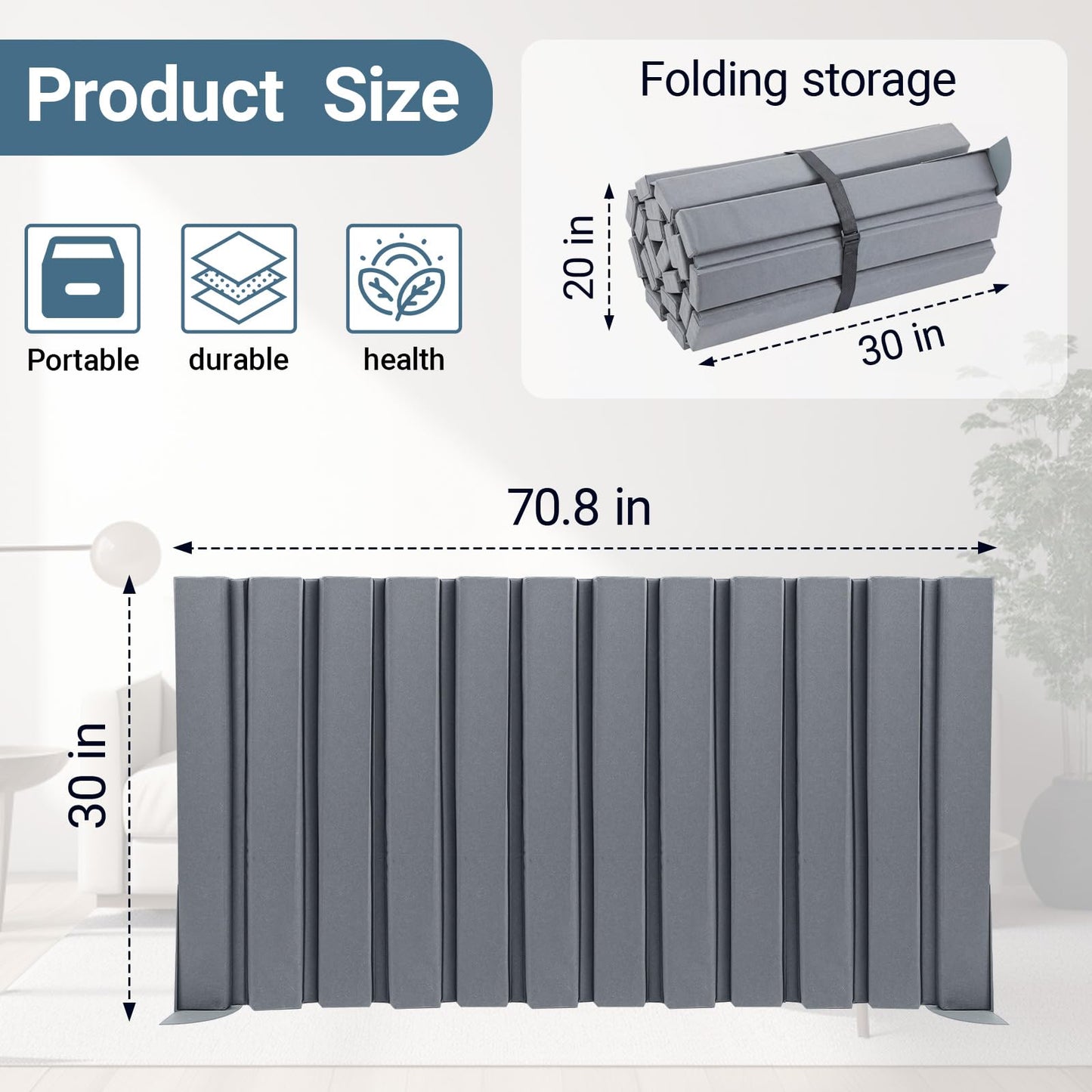 AmazingSpark 1 Pcs 30" X 6' Soundproof Room Divider Panel, Foldable Acoustic Partition Wall with Stand and Straps, Freestanding Privacy Screen for Office Study Bedroom Studio Library (Grey)