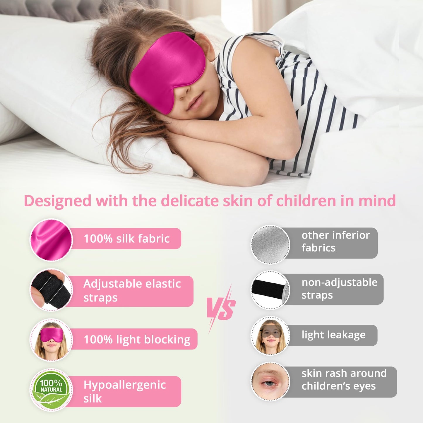 Kids Sleep Mask Eye Cover, 100% Real Natural Pure Silk Eye Mask with Adjustable Strap, Blindfold Kids Eye Mask for Sleeping, Eye Shade for Boys Girls and Adult, Pressure-Free Comfort (Black)