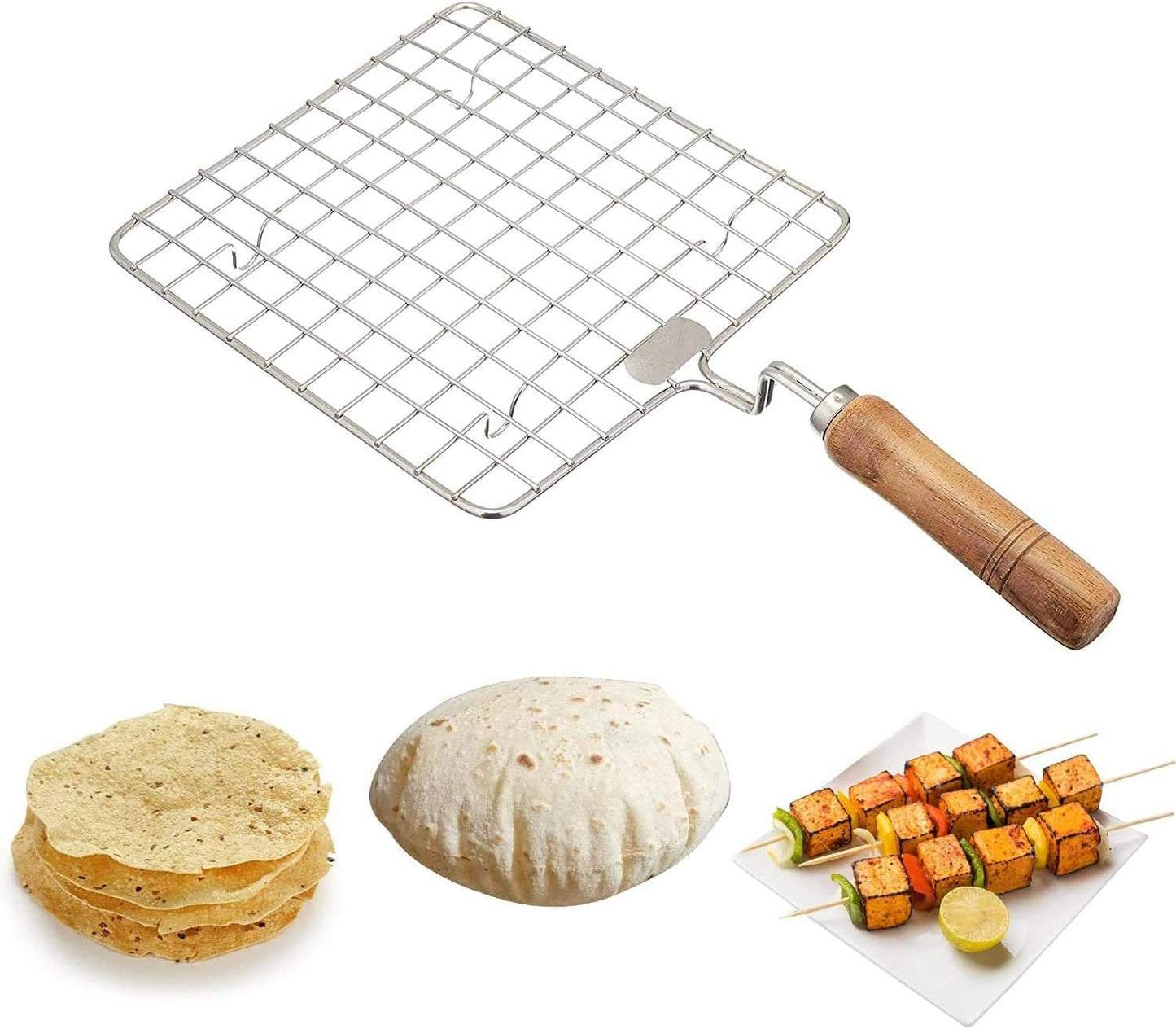 Papad Jali Stainless Steel Wire Roaster Rack, Wooden Handle, Roast Grill Chapati, Toast Roti