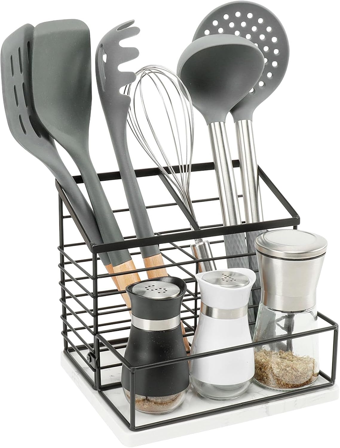 Metal Utensil Holder for Kitchen Counter - Large Organizer with Salt and Pepper Shakers, Marble Base