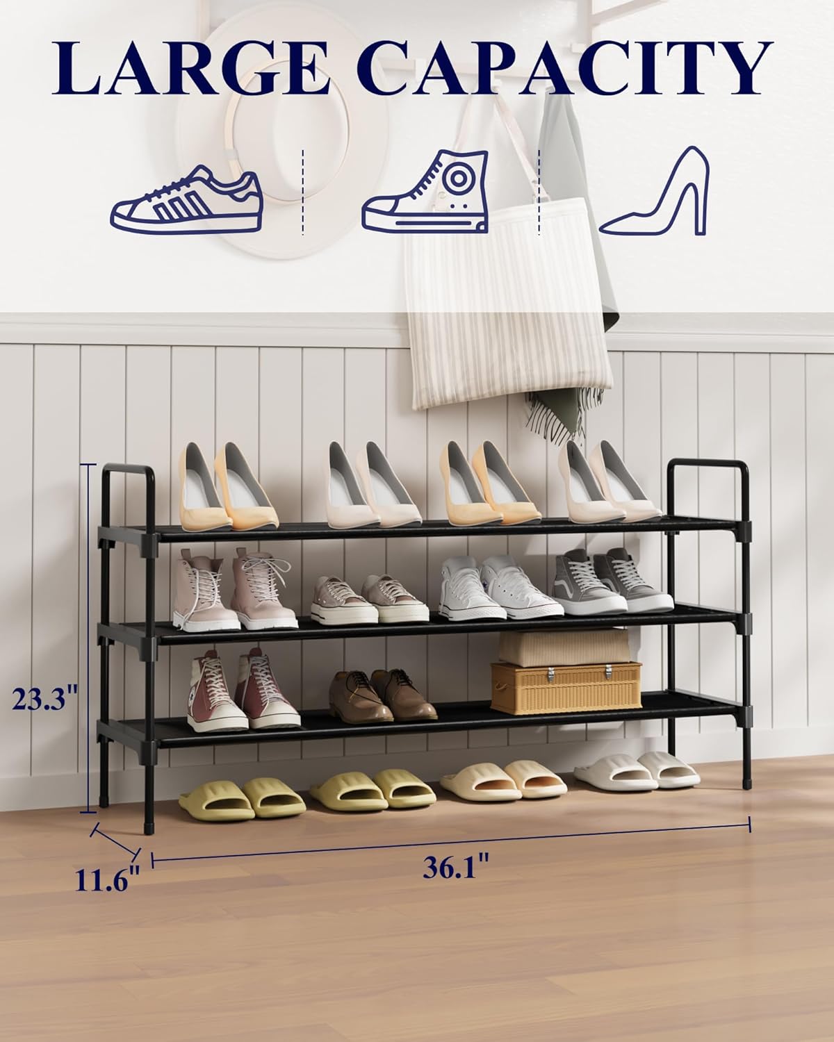 Closet, Closet 36.1" 3 Kitsure Shoe Rack for Shoe Organizer for Front Door Entrance, Stackable Shoe Shelf, Detachable