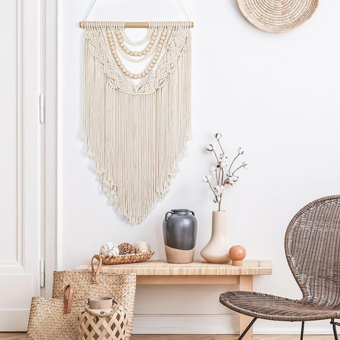 LOMOHOO Macrame Wall Hanging Boho Handmade Geometric Woven Tapestry Bohemian Wall Art Decor with Chic Wooden Beads Home Decor for Bedroom Living Room Apartment Dorm Gallery Wedding 16.5"x30"
