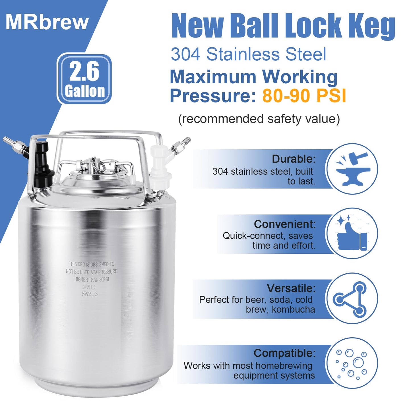MRbrew New 2.6 Gallon Ball Lock Keg, Stainless Steel Beer Keg with Two Ball Lock Keg Fittings & Gasket Set, Double Ball Lock Post Corny Keg For Draft, Homebrew, Craft Beer, Cold Brew Keg for Party