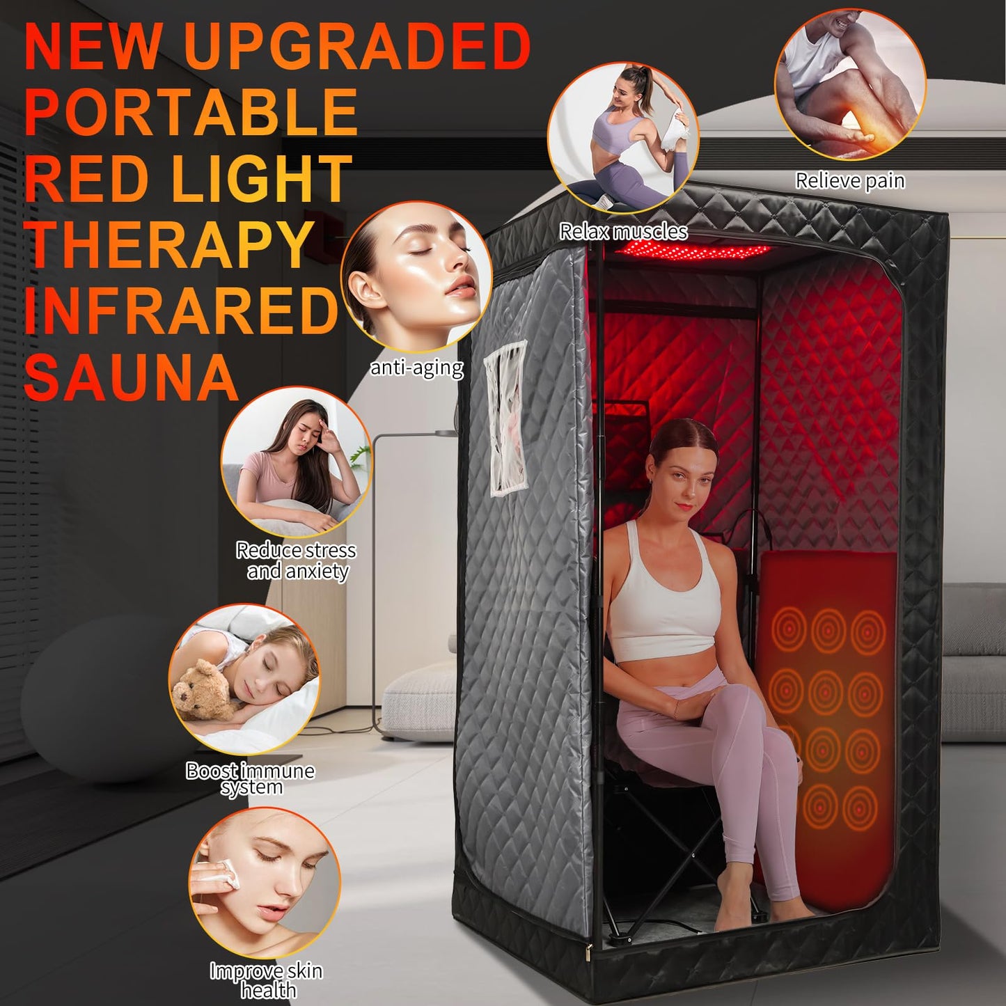 Portable Infrared Sauna for Home, Full Size Foldable Personal Sauna Box with 660nm Red Light Therapy, Independent Heating Foot Pad and Portable Chair for Indoor Relaxation & Detox