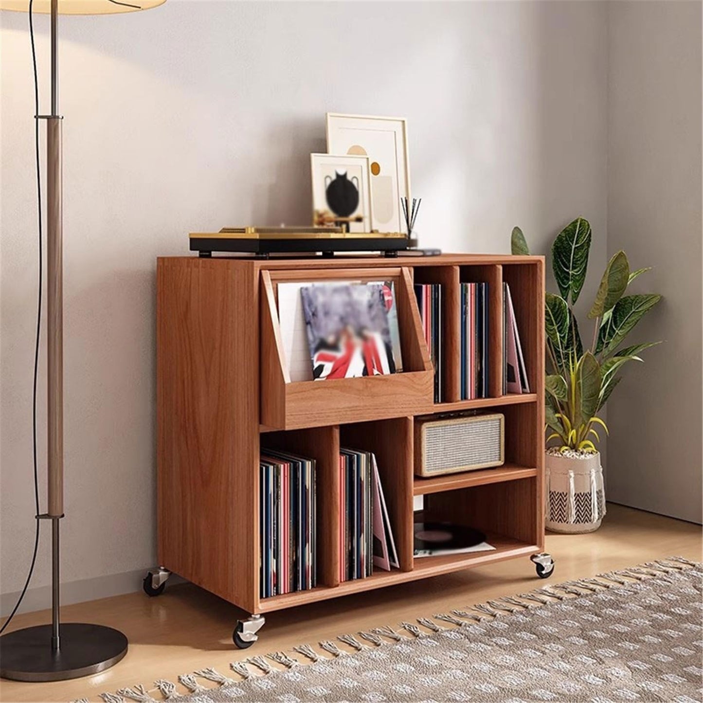 WANGHAI2024M CD Storage Rack Home Vinyl Record Storage Rack Wooden Books Magazine Cabinet with Universal Wheel