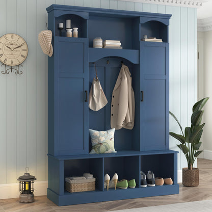 Modern Farmhouse Hall Tree with Adjustable Shelves & 7 Hooks, All-in-One Entryway Organizer, Shoe Cabinet & Storage Bench for Mudroom, Hallway, Classic Arched Design, Dual Side Cabinets (Blue Style6)