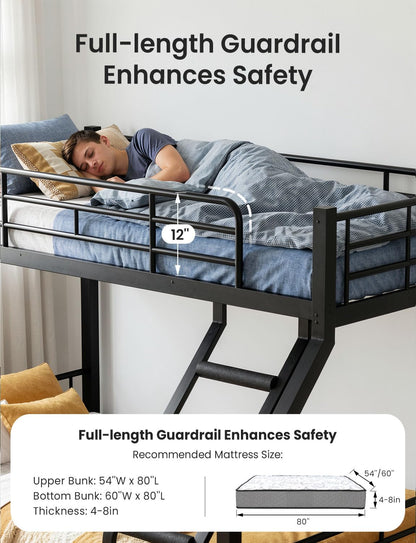 Mixcous Twin XL Over Queen Bunk Bed, Heavy Duty Queen Bunk Bed for Adults, Metal Bed Frame with Full-Length Guardrails & EVA Padded Anti-Slip Ladder, No Box Spring Needed, Black