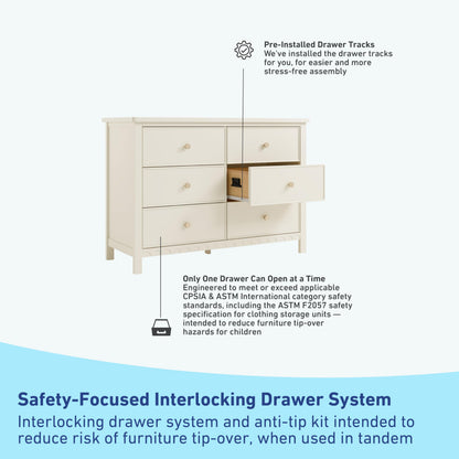 Graco Sasha 6 Drawer Dresser (Frosted Oat) – GREENGUARD Gold Certified, Wood Storage for Nursery or Kids’ Room, Safe Interlocking Drawer System & Easy Assembly with Pre-Installed Tracks