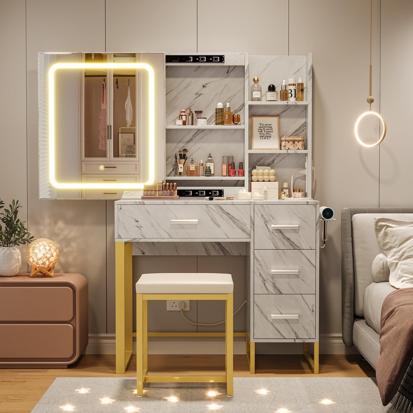 57'' Large Vanity Desk with Mirror & Lights, Makeup Vanity Table with Charging Station,