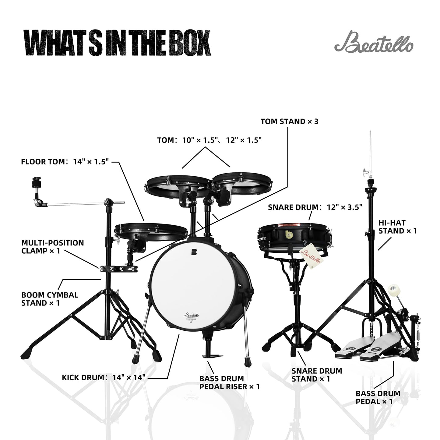 Beatello Jungle Pad Compact Portable Adult 5pc Drum Set, 1.5 inches ultra-thin steel drum Cavity,14 Inches Complete Full Size Kit with Bass Drum, Designed for the mobile musician