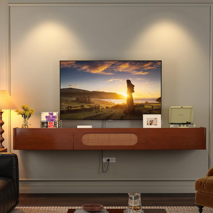 FurniNova Fully Assembled Floating TV Stand Wall Mounted 47'',High Gloss Floating Media Console with 2 Drawers & Rattan Door, Under TV Shelf for Living Room Bedroom Entertainment Center,Walnut