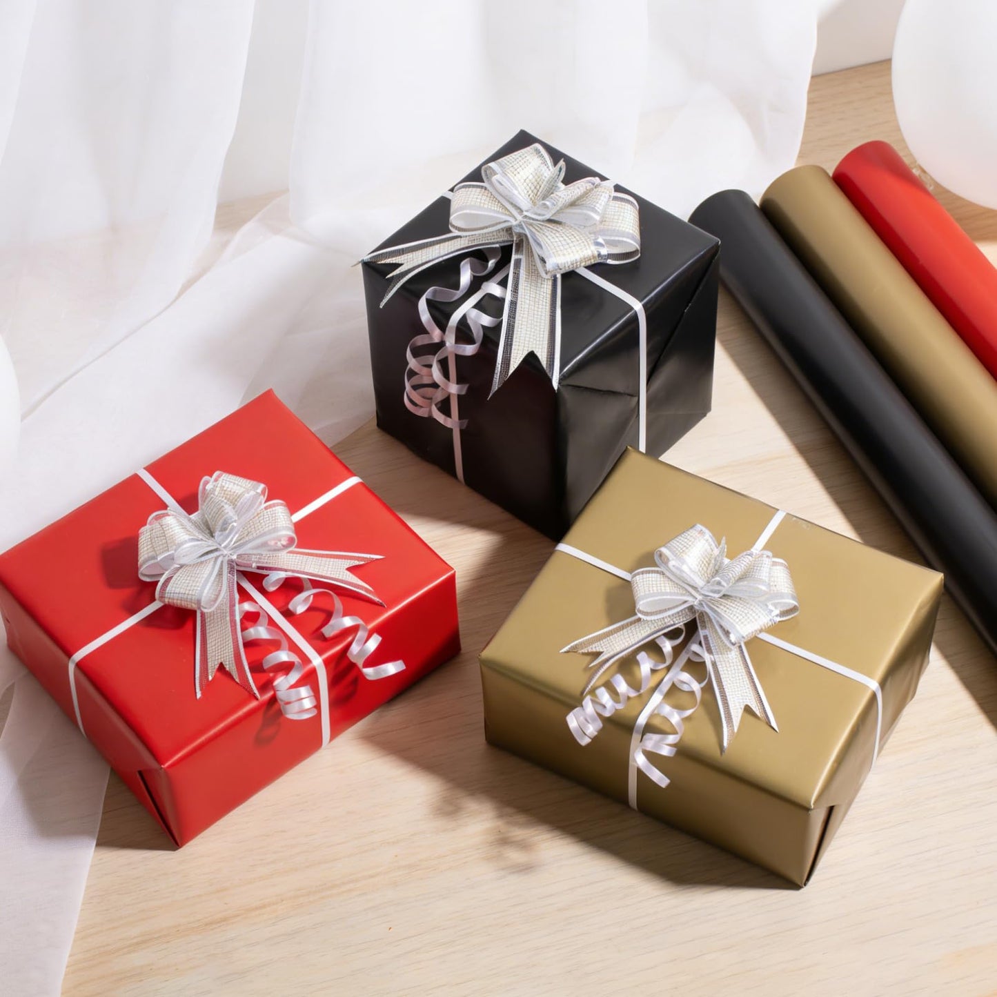 Isaspire Gift Wrapping Paper Set - 3 Rolls, Black, Red, and Gold Wrapping Paper for Christmas, Birthdays, Weddings, Graduations, and Baby Showers, Includes Gift Bow, 17 x 394 inches per roll