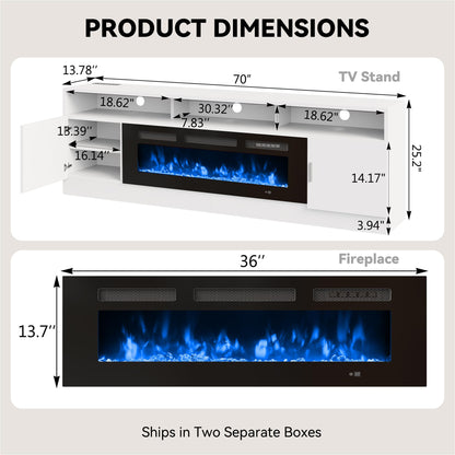 OneBlis 70" Fireplace TV Stand with Power Outlet, Electric Fireplace Entertainment Center with Storage Cabinets, Fits TVs up to 80", TV Console with LED Lights for Living Room, Office, White-Black
