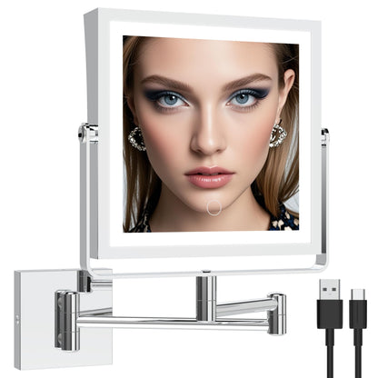 Ruacq Rechargeable Wall Mounted Makeup Mirror with Lights, Double Sided 1X/10X Magnifying Vanity Mirror with 3 Color Lighting, Touch Screen Dimmable, 360° Rotation Extension Foldable Arm(Matte Black)