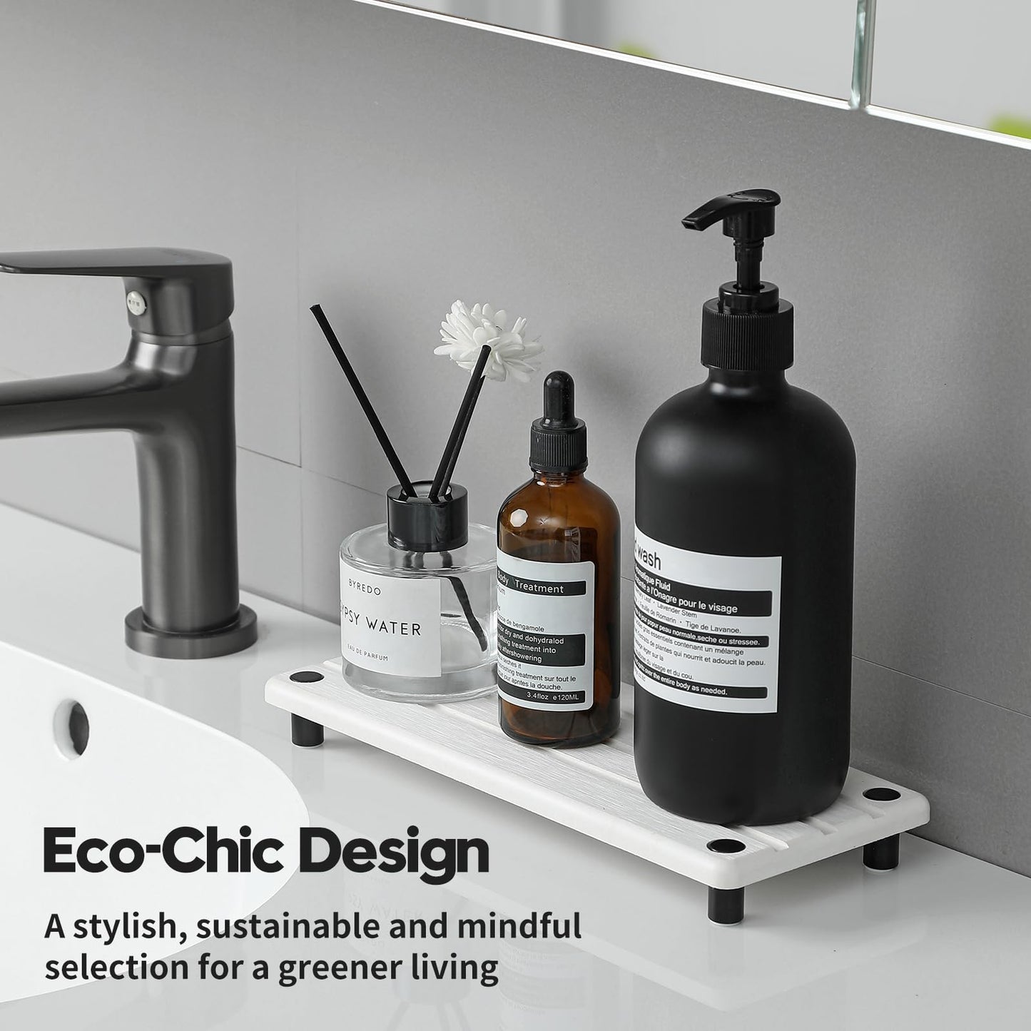 Razborci Instant Dry Sink Caddy Kitchen Sink Organizer, Quick Drying Diatomaceous Earth Stone Sink Tray Sponge Holder Soap Dish, Bathroom Countertop Vanity Dispenser Toothbrush Bottle, White, 10" x 4"