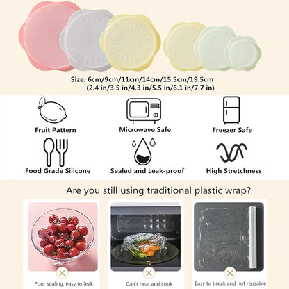 Food Storage Silicone Stretch Lids Set, 6 Pcs Different Sizes, Fruit Pattern Food-grade Reusable Covers, Microwave Safe
