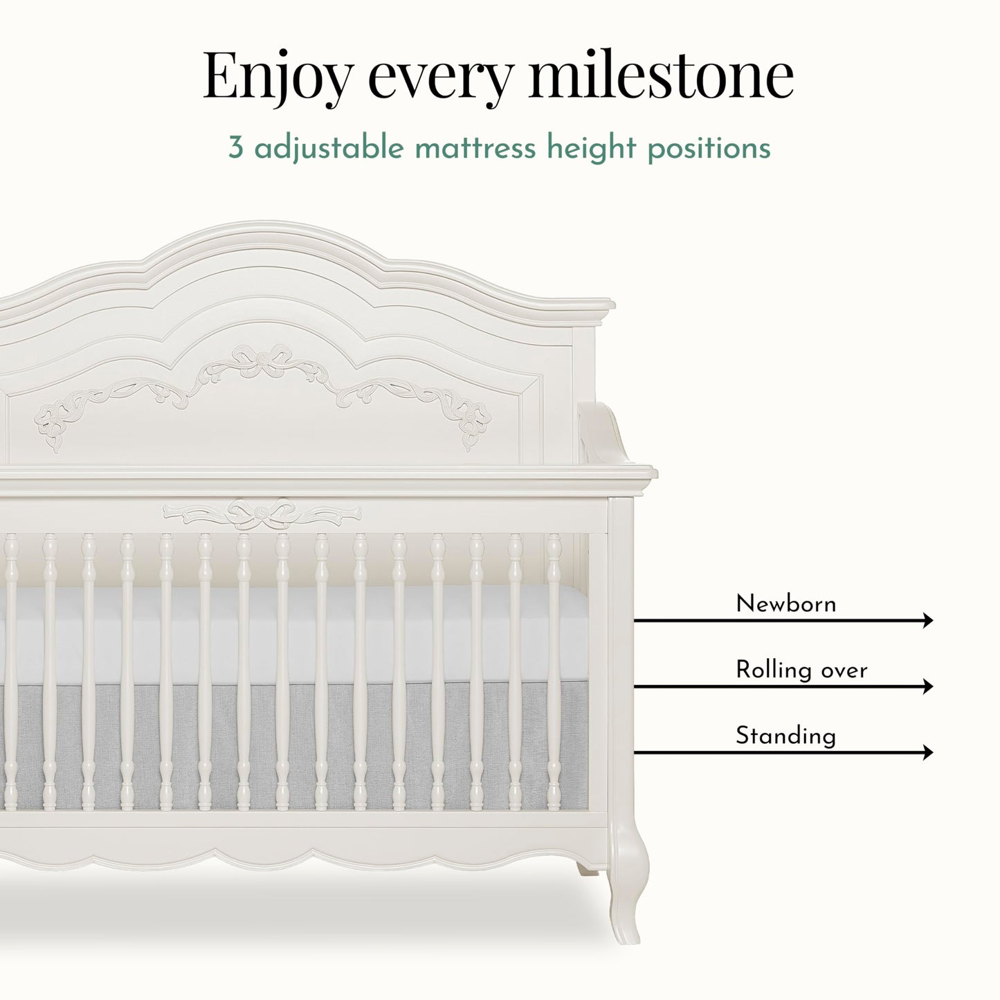 Evolur Aurora 5-in-1 Convertible Full-Size Baby Crib in Ivory Lace, GreenGuard Gold & JPMA, 3 Mattress HeightsRibbon Bow Scrollwork & Queen Anne Feet, Converts to Toddler, Day & Full-Size Bed