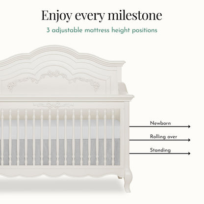 Evolur Aurora 5-in-1 Convertible Full-Size Baby Crib in Ivory Lace, GreenGuard Gold & JPMA, 3 Mattress HeightsRibbon Bow Scrollwork & Queen Anne Feet, Converts to Toddler, Day & Full-Size Bed