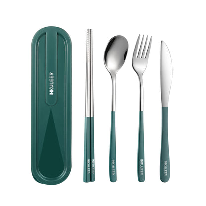 Travel cutlery set, 18/8 stainless steel cutlery, Reusable utensils set with case, Portable Silverware Lunch Box for Camping and Office (Green/knife set)