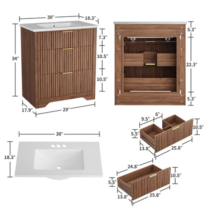 Garvee 30" Fluted Bathroom Vanity with Sink, Farmhouse Freestanding Bathroom Sink Cabinet with 2 Drawers & 1 Flip-Down Drawer, Easy Assembly & Cleaning, Walnut