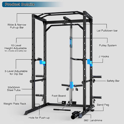 ULTRA FUEGO Power Cage, Multi-Functional Power Rack with J-Hooks, Dip Handles, Landmine Attachment and Optional Cable Pulley System for Home Gym