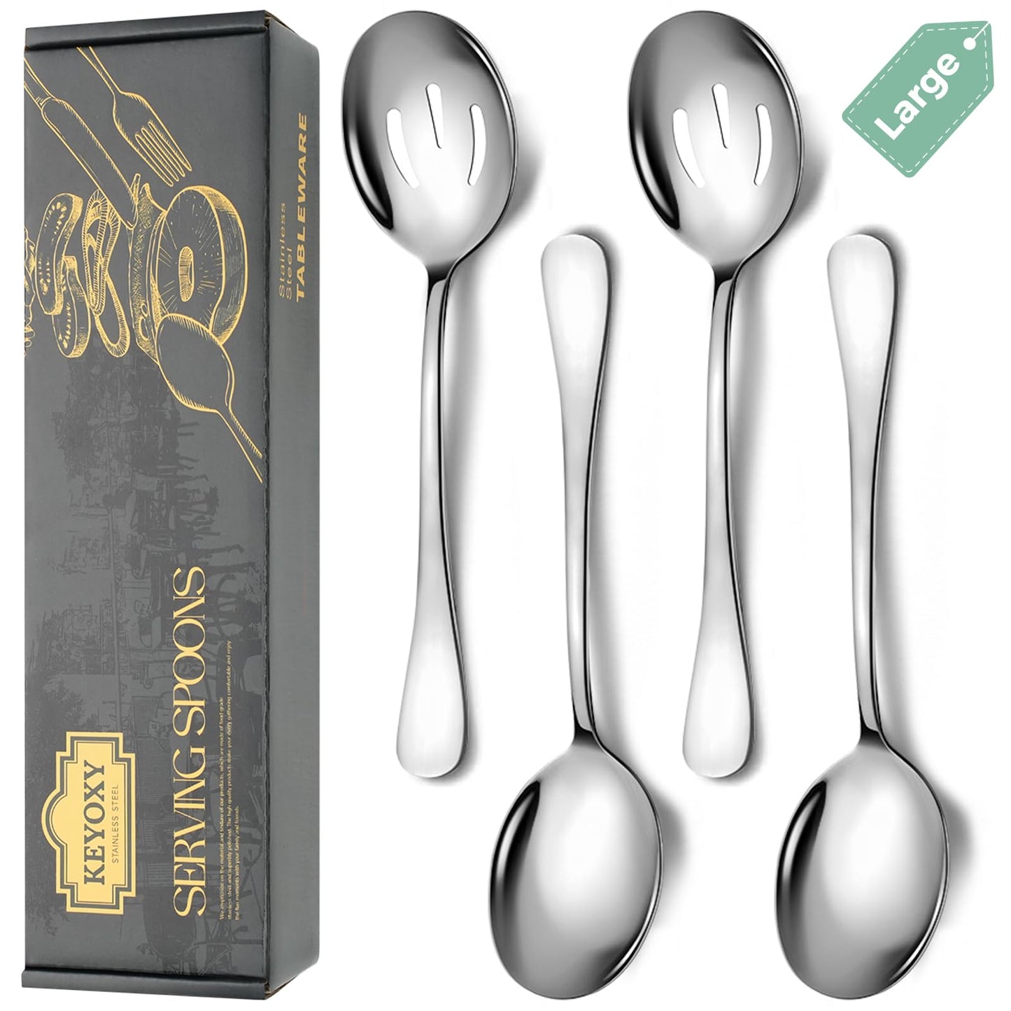 Keyoxy 4 Piece Stainless Steel Serving Spoons Set, 10-Inch, Includes 2 Large, 2 Slotted, for Parties/Kitchen/Buffet/Catering, Dishwasher Safe