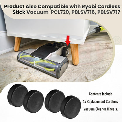 4 Pack Upgraded Replacement Wheels for Ryobi Cordless Stick Vacuum 18V One+ Models