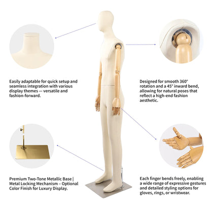Full Body Male Mannequin with Articulated Wood Arms, Premium Linen Covered Dress Form with Heavy Metal Base, Posable Retail Display Dummy for Boutique Window & Streetwear(Headless)