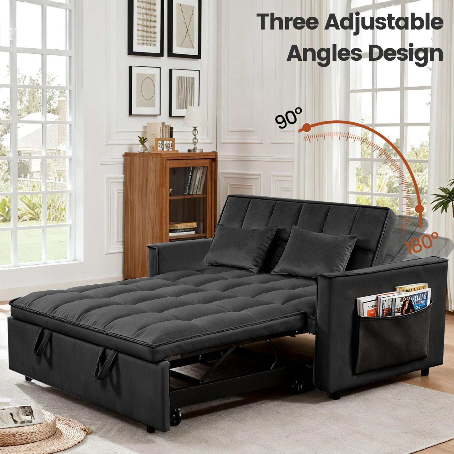 Trygoal 3 in 1 Convertible Sofa Bed, Love Seat Sleeper Bed with Side Pockets, Velvet Fabric Pull Out Couch with Adjustable Backrest for Living Room, Bedroom, Apartment, Black