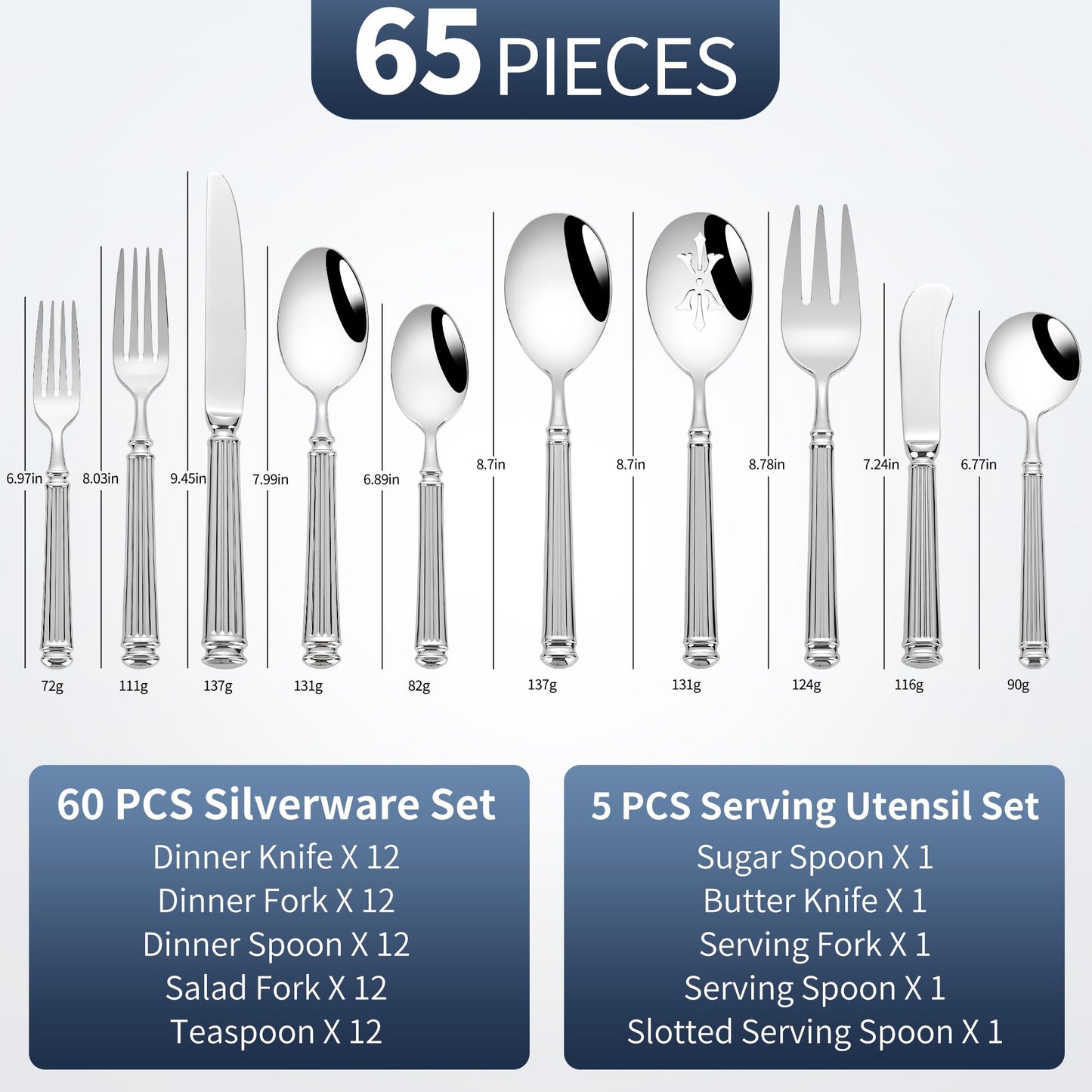 65-Piece Heavy Duty Silverware Set for 12, 18/10 Stainless Steel Forged Flatware Set, Flatware Set with Serving Utensil, Extra Thick Heavy Weight, Ideal for Gift