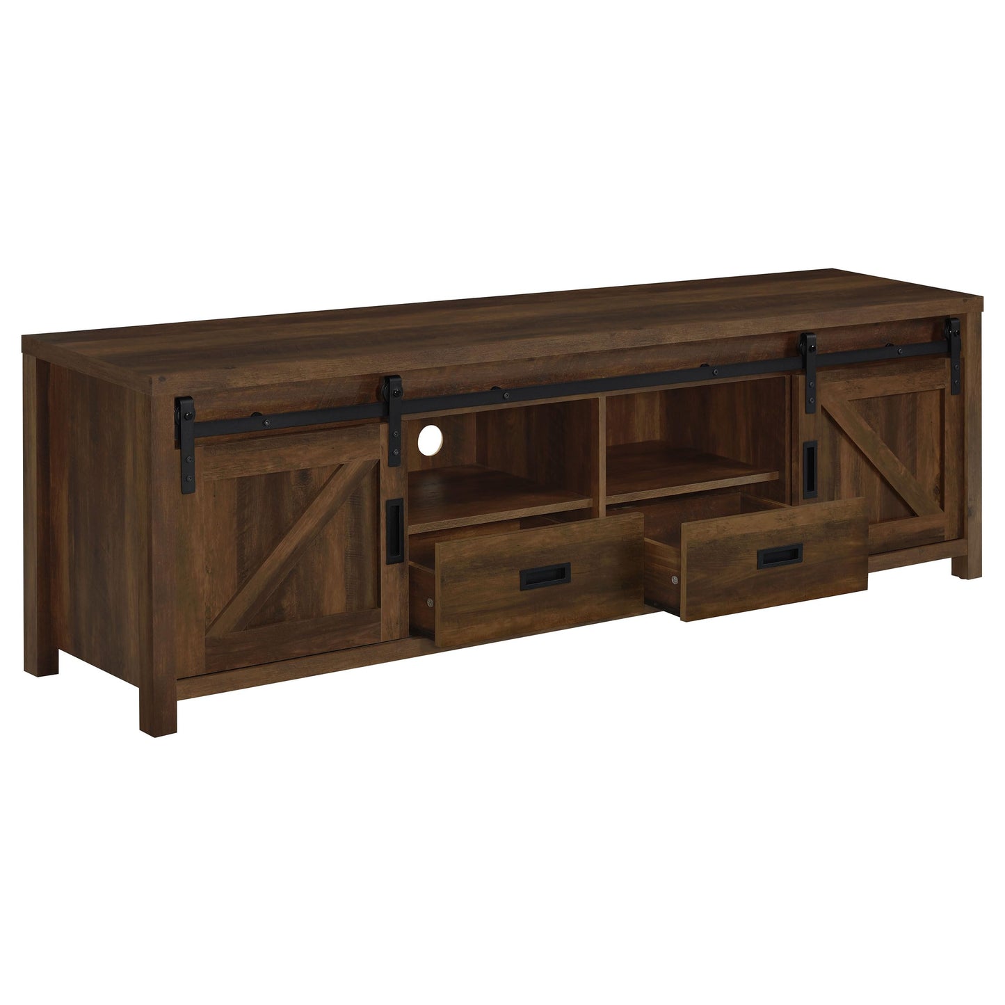 Coaster Home Furnishings - Madra - Engineered Wood - 79-Inch TV Stand with Sliding Barn Doors, 2 Open Shelves - Living Room - Dark Pine - 736273