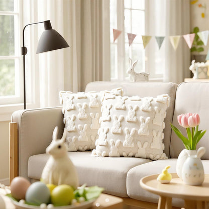 AONSOULE Easter Pillow Covers 18x18, 2Pcs Soft Beige Bunny Pillow Covers with Hidden Zipper, Easter Home Decorations Cute Spring Home Decors for Sofa Bedroom