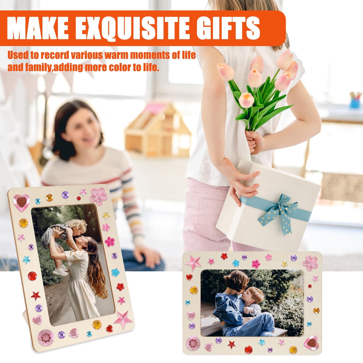 HOFURME 26 Pcs Unfinished Wooden Picture Frame Painting Craft Kit, 10 Pcs 4 x 6 Inch DIY Wooden Picture Frames with 12 Pcs Painting Color Pen and 4 Sheets Crystal Diamond Stickers for DIY Craft