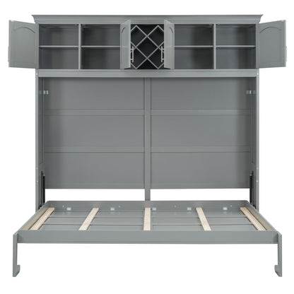 Merax Queen Size Murphy Bed, Foldable Wall Bed with Storage Cabinet, Dual Piston Metal Mechanism & Wooden Slats, No Box Spring Needed, Space-Saving for Small Apartment, Studio, Guest Room, Gray