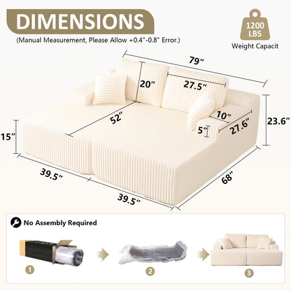 WHGBJA 79'' Convertible Sleeper Sofa Bed, 3-in-1 Foldable Floor Couch with Corduroy Upholstery, No Assembly Loveseat, Light Brown Lounge Mattress for Living Room, Studio, Guest Room (Beige)