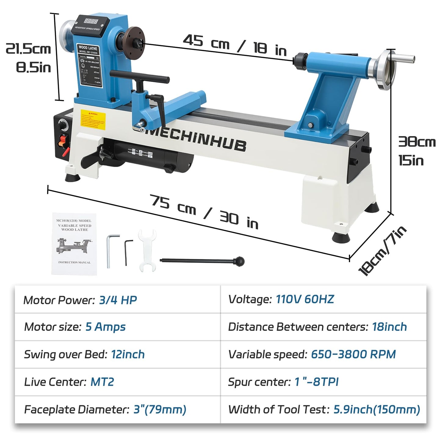 12" x 18" Digital Display Wood Lathe Machine, Benchtop Wood Lathe Machine 3/4HP 110V Infinitely Variable Speed 650-3800 RPM Professional for High Speed Sanding and Polishing