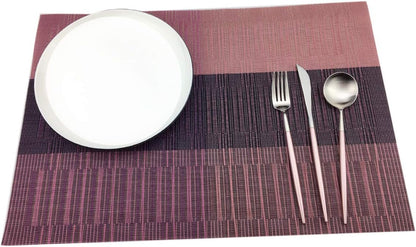 Gugrida Exquisite Woven Vinyl Placemats, Heat Resistant PVC Bamboo Style Table Mats (6, Ombre Purple Red)